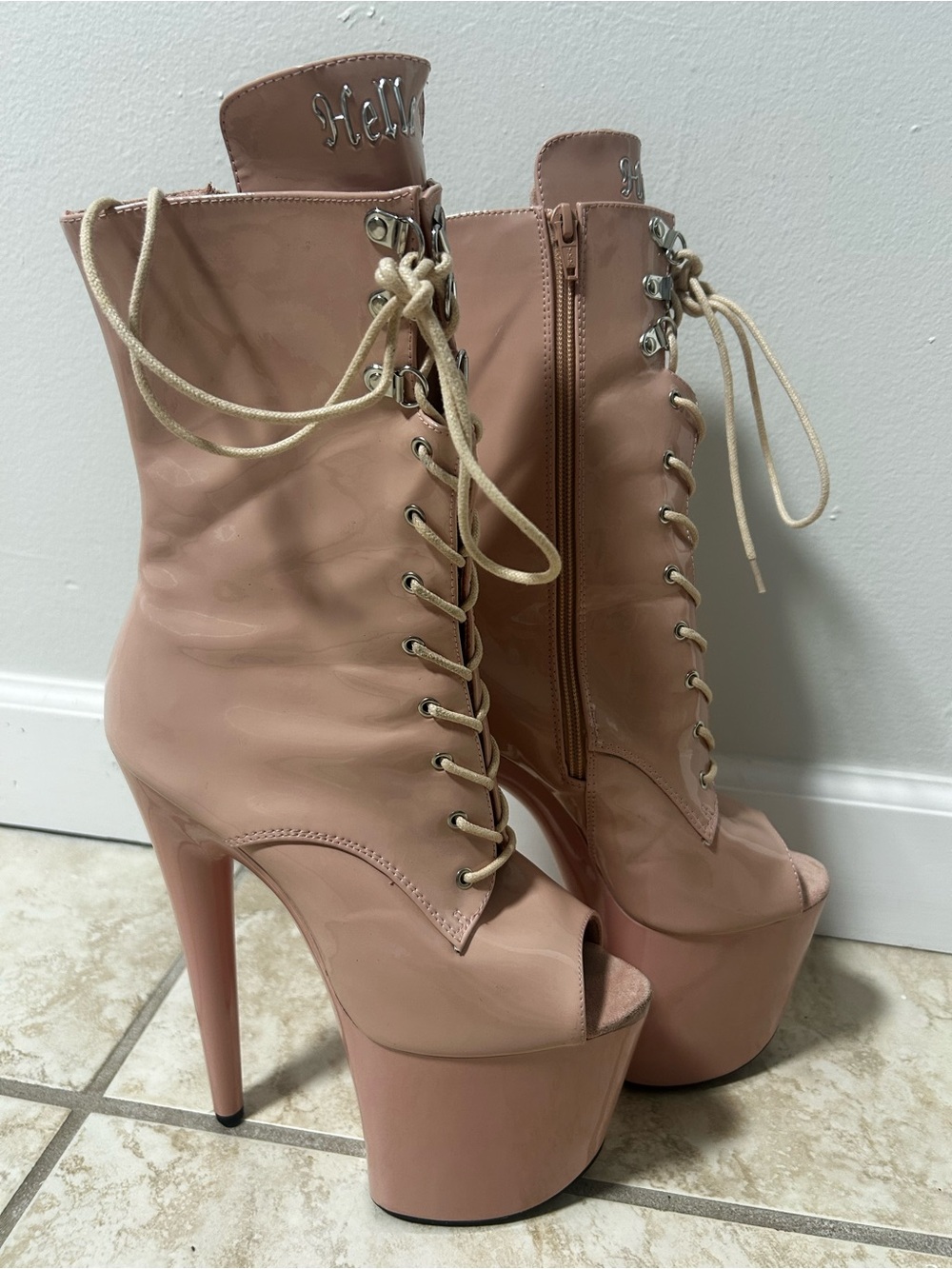 Lace-Up Peep-Toe Platform Ankle Boots in Blush Pink
